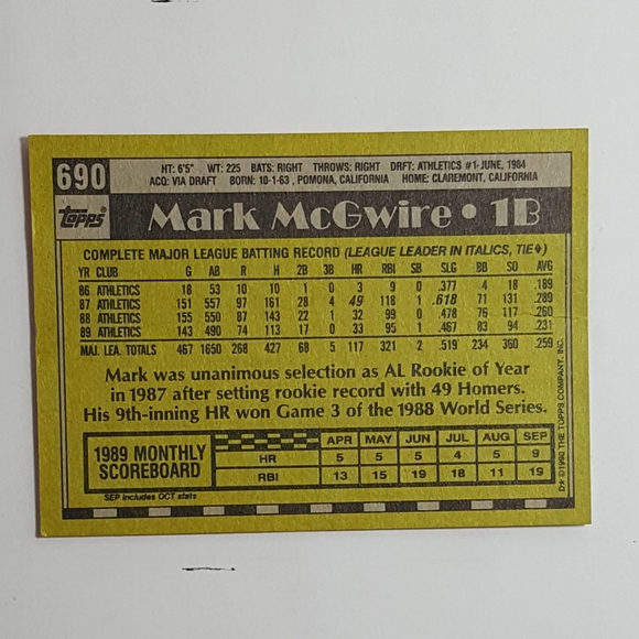 1990 Topps Mark McGwire - Picture 2 of 3